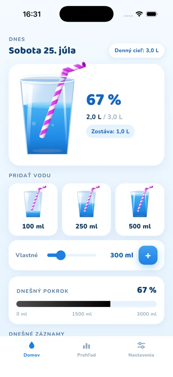 Obrazovka Domov v aplikácii Aquafy