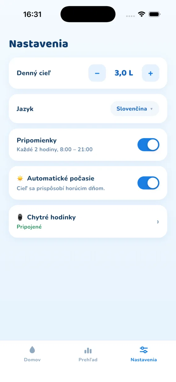 Obrazovka Nastavenia v aplikácii Aquafy
